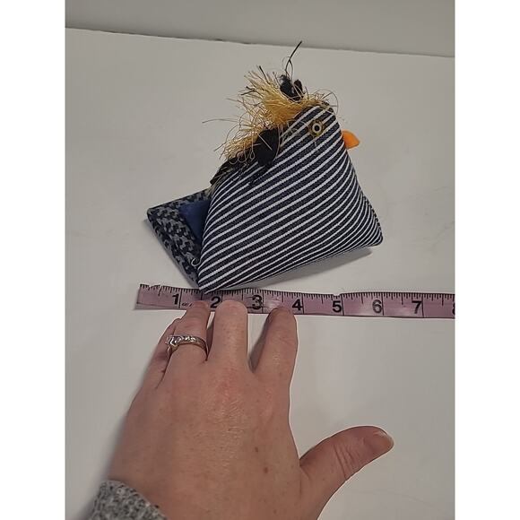 Chicken Pin Cushion Desk Weight Handmade Blue White Striped - Picture 8 of 9